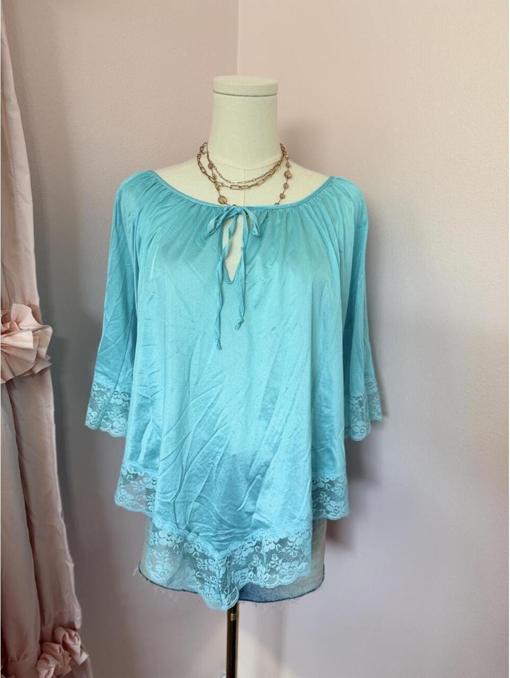 Vintage Jill Andrea Aqua Lace Trim Sheer Blouse | Y2K Fairy Boho Cottagecore